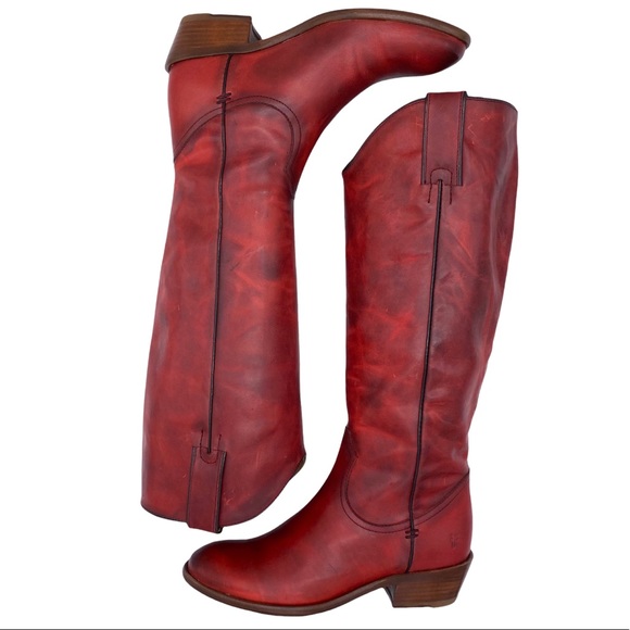 NEW Frye Carson Leather Pull On Heeled Tall Riding Boot in Crimson Red Size 6 - Picture 2 of 12